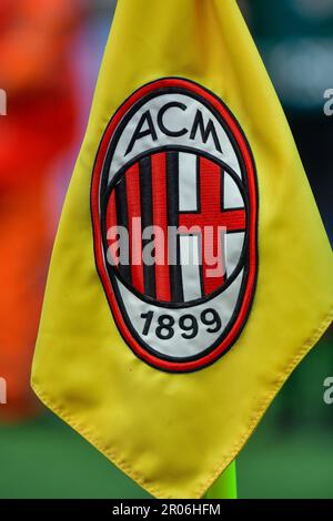 Milano, Italy. 06th May, 2023. A corner flag with the Milan logo seen at the Serie A match between AC Milan and Lazio at San Siro in Milano. (Photo Credit: Gonzales Photo/Alamy Live News Stock Photo