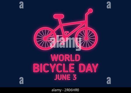 World Bicycle Day Poster with Pink neon bike silhouette . Pink neon bicycle icon vector. Bike silhouette isolated on a dark blue background Stock Vector