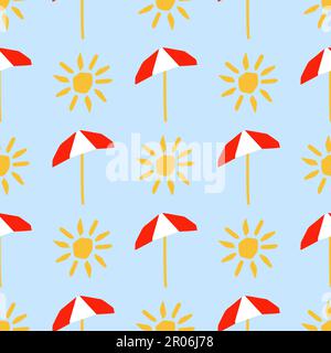 Seamless pattern with sun and umbrella illustration in cutting style on blue Stock Vector