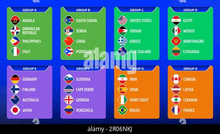 Basketball 2023, participant flags sorted by groups. Vector illustration. Stock Vector