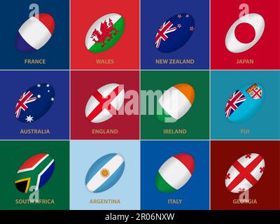 12 Flags in the Style of a Rugby Ball. Flag of Rugby U20 Competition Participants on Color Background. Stock Vector