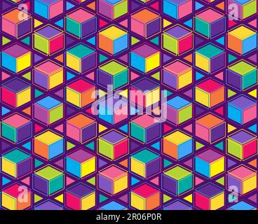 Geometric Cube Disco Seamless Pattern in 80s style. Ornament for printing on fabric, cover and packaging. Vector isolated on white Stock Vector