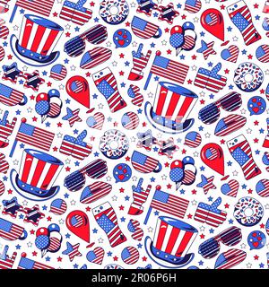 Seamless 4th July Independence Day pattern with festive elements of American holiday, presidential election, political party. Vector in colors of US f Stock Vector