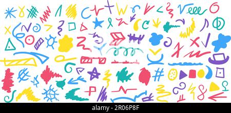 Large set of dashes lines iconic symbols hand drawn with multicolored felt-tip, pens, markers. Underline stroke, hatching, circle, square, triangle. B Stock Vector