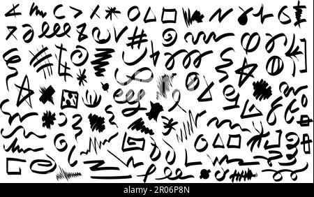 Set of black dashes lines iconic symbols hand drawn with multicolored felt-tip, pens, markers. Underline stroke, hatching, circle, square, triangle. B Stock Vector