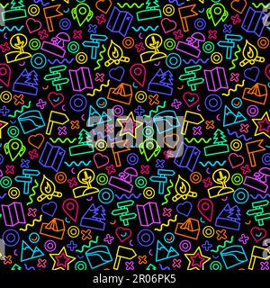 Camping travel neon seamless pattern with glowing maps, checkpoint mark, location of campground. Ornament for printing on fabric, cover and packaging. Stock Vector