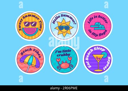 Vacation round stickers decal with Summer time elements. Juicy watermelon, sun in glasses, beach holiday, marine life, cocktail bar and title inscript Stock Vector
