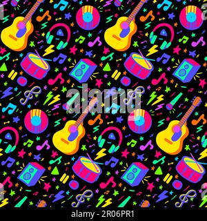 Musical concert instruments neon seamless pattern with guitar, drum and music notes. Ornament for printing on fabric, cover and packaging. Illuminated Stock Vector