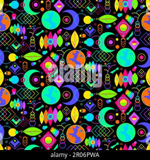 Luxury neon symbols seamless pattern. Magical icons and mystery knowledge. Mystic illuminated signs in boho style ornament for printing on fabric, cov Stock Vector