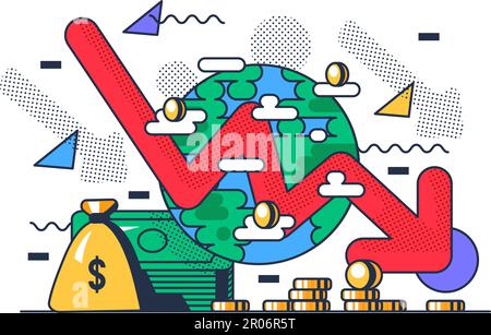 Economic banking crisis, recession. Falling quotes and value of securities on stock exchange. Depreciation of cash and bank deposits. Cartoon outline Stock Vector