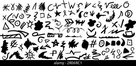 Set of black dashes lines iconic symbols hand drawn with multicolored felt-tip, pens, markers. Underline stroke, hatching, circle, square, triangle. B Stock Vector