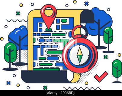 Tourist compass and red pointer indicates route direction on map, landmark for tourist traveler in forest of trees on unfamiliar terrain. Concept of T Stock Vector