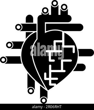 Human heart with arteries and vessels. Sketchy linear icon device of human organ pumping blood in healthy body. Simple black and white silhouette vect Stock Vector