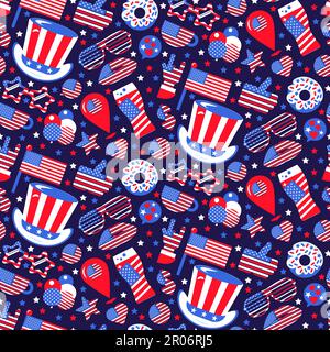 Seamless Independence Day pattern with festive elements of American Independence Day, presidential election, political party. Vector in colors of US f Stock Vector