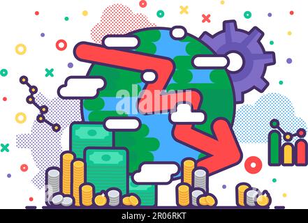 Global economic Crisis. Falling quotes and value of securities on stock exchange. Depreciation of cash and bank deposits. Outline vector concept isola Stock Vector