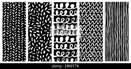Abstract hand drawn textures made with gouache. Isolated on white background. Black grunge elements like dots, lines, waves, strokes, spots. Stock Vector