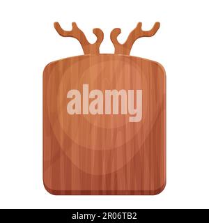 Cutting board wooden chopping desk with horns top view in cartoon style isolated on white background. Wood shield, menu mockup. Vector illustration Stock Vector