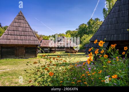 traditional houses from Berbesti, Maramures. Dimitrie Gusti National Village museum in Bucharest, ROMANIA Stock Photo