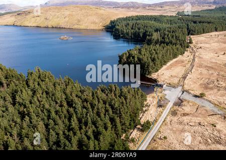 Aerial view of Lough Anna, the drinking water supply for Glenties and Ardara - County Donegal, Ireland. Stock Photo