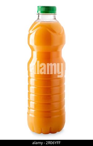 Apricot or peach fruit juice in plastic bottle isolated on white with clipping path Stock Photo