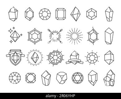 Line diamond divider. Precious gemstone shapes for expensive jewelry packaging design, luxury shining jewel symbols. Vector abstract collection. Magic gems outline, royal isolated stones Stock Vector