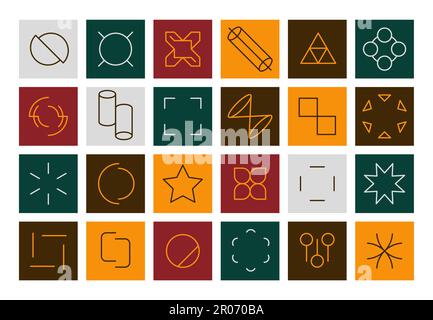 Brutalism line shapes. Geometric grid lines of various forms and shapes, modern art triangle square circles mosaic geometric figures. Vector set. Abstract symbols as circle, star and cylinder Stock Vector