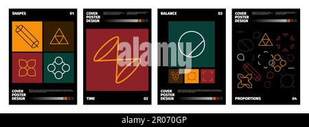 Modern brutalist covers. Abstract minimalistic modern typography posters, geometric simple silhouettes bauhaus artistic poster design. Vector set. Contemporary art with basic shapes Stock Vector