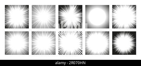 Radial lines background. Comic book frames and manga page background with perspective explosion motion blur effect. Vector texture. Black stripes for magazine about superhero cartoon set Stock Vector