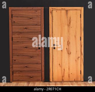 Dark and light closed wooden doors inside room entrances Stock Photo