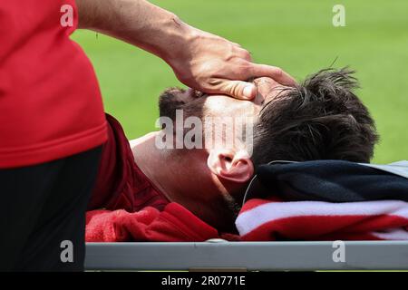 Nuremberg, Germany. 07th May, 2023. Soccer: 2nd Bundesliga, 1. FC Nürnberg - 1. FC Kaiserslautern, Matchday 31 at Max Morlock Stadium. Nuremberg's Christopher Schindler is carried off the pitch. Credit: Daniel Karmann/dpa - IMPORTANT NOTE: In accordance with the requirements of the DFL Deutsche Fußball Liga and the DFB Deutscher Fußball-Bund, it is prohibited to use or have used photographs taken in the stadium and/or of the match in the form of sequence pictures and/or video-like photo series./dpa/Alamy Live News Stock Photo