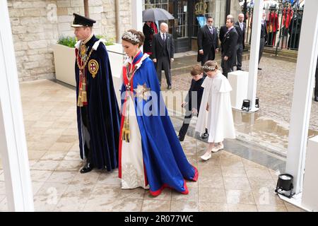 The Prince of Wales, Princess of Wales, Prince Louis and Princess Charlotte ahead of the coronation ceremony of King Charles III and Queen Camilla at Westminster Abbey, London. Picture date: Saturday May 6, 2023. Stock Photo