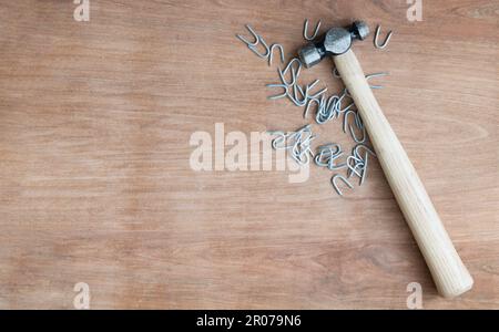 Hammer and tacks on a wooden workbench. Stock Photo