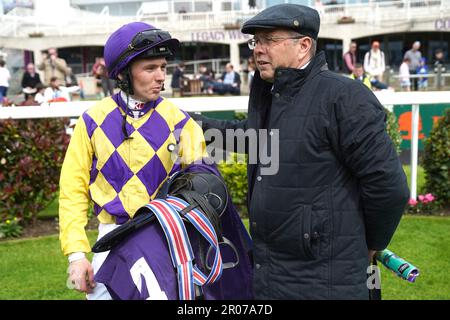 Jockey Colin Keane (left) with trainer Ger Lyons after winning the Amethyst Stakes with horse Power Under Me during Derby Trial Day at Leopardstown Racecourse in Dublin, Ireland. Picture date: Sunday May 7, 2023. Stock Photo