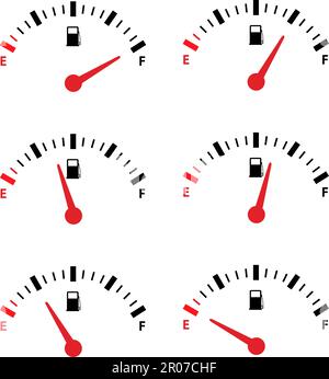 Set full tank scale, gas meter, clock face fuel measurements, fuel gauge indicator, dashboard scale icon, car control sensor sign, gasoline indicatior Stock Vector
