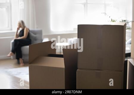 Close up focus on stacked paper boxes for moving, cargo Stock Photo