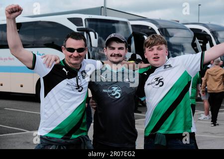 Port Vale FC, Stoke on Trent, UK. 7th May 2023. Plymouth Argyle Fans celebrate promotion as Champions of the EFL Sky Bet League One with a 1-3 victory over Port Vale at Vale Park, Stoke on Trent. Credit: Mark Lear / Alamy Live News Stock Photo