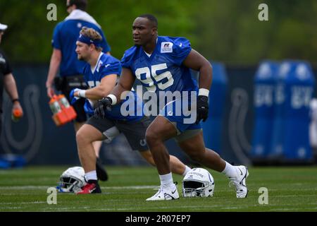 Indianapolis Colts defensive end Adetomiwa Adebawore (95) in action during  an NFL pre-season football game against the Buffalo Bills, Saturday, Aug.  12, 2023, in Orchard Park, N.Y. Buffalo defeated the Colts 23-19. (