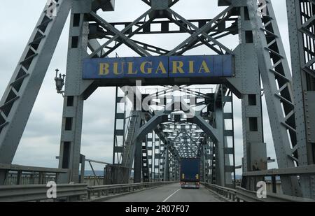 Steel bridge over the Danube River connecting Bulgarian and Romanian borders between Ruse and Giurgiu cities. Stock Photo