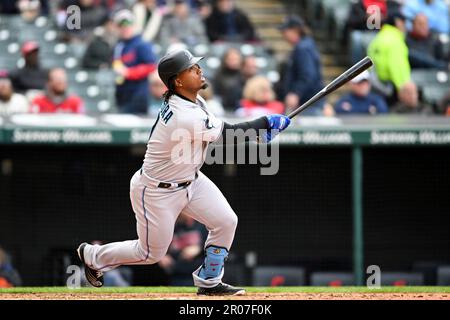 Miami Marlins Jean Segura (9) bats during a spring training baseball game  against the Boston Red Sox on March 5, 2023 at JetBlue Park in Fort Myers,  Florida. (Mike Janes/Four Seam Images