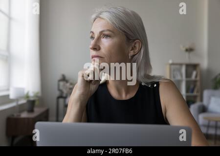 Serious middle aged business woman working at laptop at home Stock Photo