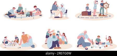 Parents play with children in playroom. Father and mother, board games and family activities. Nursery room, kicky adults and kids spend time together Stock Vector