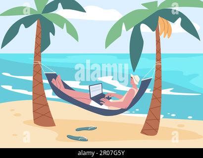 Man in hammock relaxing on beach. Happy tourist and freelance worker with laptop on vacation. Holiday summer rest on ocean, kicky vector scene Stock Vector