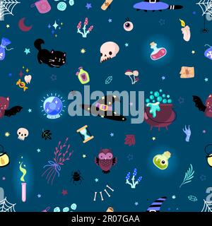 Witch magic seamless pattern. Magical elements, cartoon bottle poison, crystal ball and hat. Halloween black cat and bat, nowaday vector print Stock Vector