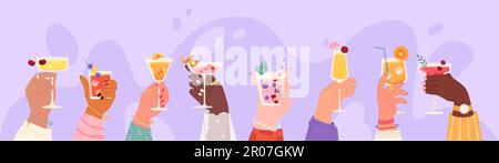 Friends hands holding cocktails. Mojito and margarita, cheers banner. Summer pool drink party, glass on wine and cocktail, snugly vector concept Stock Vector