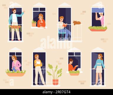 Neighborhood scene, neighbors in windows apartments house. People relax at home, spring summer opening window and snugly balcony vector concept Stock Vector