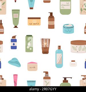 Cosmetics bottles seamless pattern. Lotions, cream, toner. Beauty and cleaning cosmetic, morning evening self care routine vector background Stock Vector