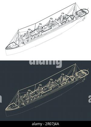 Stylized vector illustration of isometric blueprint of Titanic Stock Vector