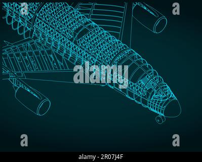 Stylized vector illustration of isometric blueprint of passenger aircraft Stock Vector