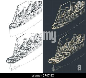Stylized vector illustrations of isometric blueprints of Titanic Stock Vector