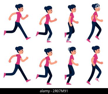 Running woman animation sprite set, 8 frame loop. Simple flat cartoon style vector illustration. Stock Vector
